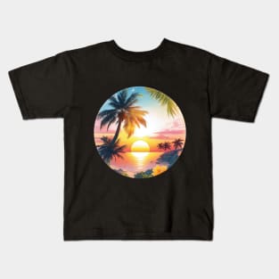 Serenity's Embrace: A Photorealistic Masterpiece of a Majestic Palm Tree and Flowers at Sunset Kids T-Shirt